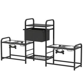 3 Height Adjustable Dog Bowl Stand with 2 Feeding Stations, Toy Bin Basket, Black (Option: Black-520x310x195 mm)