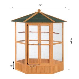 PawHut 69 Wooden Hexagonal Outdoor Aviary Flight Bird Cage With Covered Roof, BrownFor Multiple Packages, Please Pay Attention To The Detailed Di (Option: Natural Brown and Green)